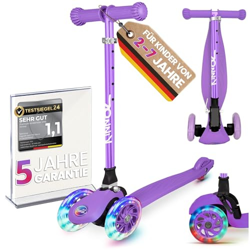 kinnaz ONE, über 100.000 Roller für Kinder 3 Jahre verkauft, Tretroller 2 bis 7 Jahre, Roller Kinder 4 Jahre, LED räder, faltbar, höhe einstellbar, tagkeeper, Hamburger Unternehmen, lila