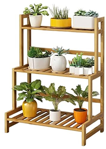 Pflanzenständer aus Bambus, 3 Etagen, mit mehreren Blumentopf-Regalen, für drinnen und draußen, für Balkon, Garten, Holzregal (60 x 33 x 72 cm)