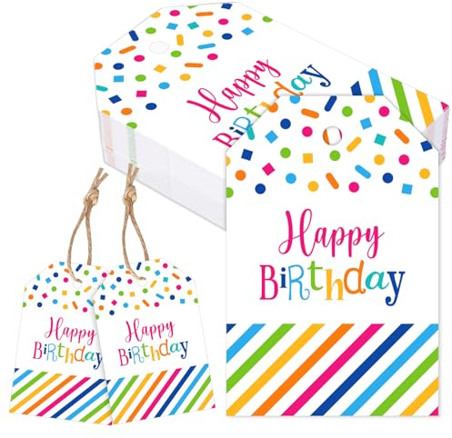 FYSUIMU 100 Stück Happy Birthday Papier-Geschenkanhänger, farbige Streifen, Punkte, Geburtstag, Blanko-Etiketten, Hängeetiketten mit Hanfseil für Party, Leckerli-Tüten, DIY Handwerk