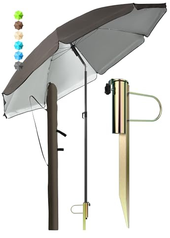 4smile Sonnenschirm Strand SunnyJoy, Taupe – 3er Set inkl. Strandschirm windfest stabil, Rasendorn Sonnenschirmhalter, Schirmhülle – Sonnenschirm mit Rasendorn, Schirmspieß für Garten