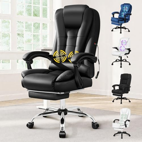 ALFORDSON Ergonomisk skrivbordsstol med massage, verkställande kontorsstol med ländrygg och nackkudde, justerbar höjd, för dator, arbetsrum, reception eller hem, stöder 180 kg, PU-läder (svart)