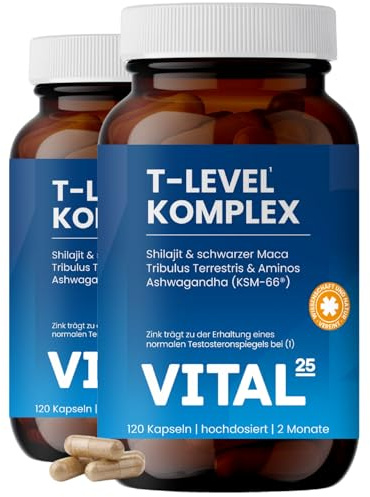 Vital25® T-Level Kapseln mit Shilajit, Ashwagandha KSM-66®, Maca schwarz, Bockshornklee, Tribulus, Cordyceps, Bor, Aminos - hochdosiert & vegan - 240 Kapseln für 4 Monate