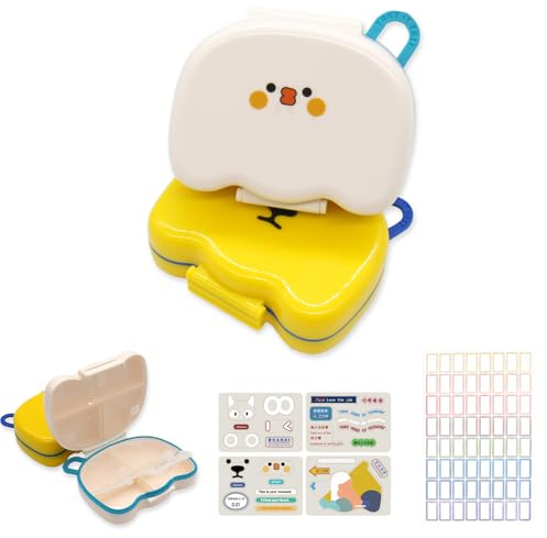 Tablettenbox 7 Tage mit Ergonomischem Verschlusssystem Pillendose 7 Fächer Medikamentenbox Leicht zu Tragen 7 Tiefen Fächern für Vitamine mit Blanko-Etikett und süßen Stickern 2 Stück - Weiß Gelb