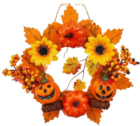 Halloween Wreath,12 Inch Fall Wreath for Front Door, Maple Leaf Pumpkin Pinecone Decor Autumn Thanksgiving Welcome Door Sign for Front Door Farmhouse Porch Wall Decor Outdoor