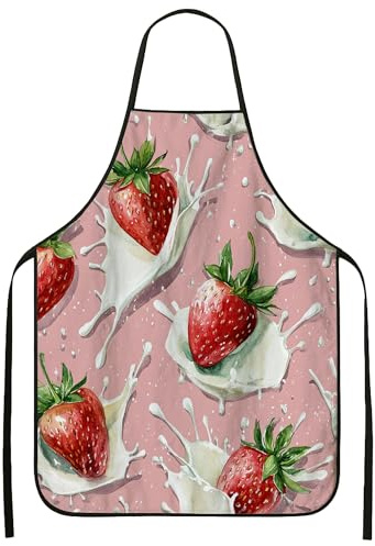 Delantal con estampado de fresas para cocinar, delantal culinario vintage con salpicaduras de leche, perfecto para barbacoas de primavera y actividades de cocina, Melocotón, 24x31 Inch