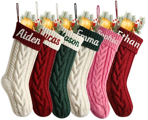 CHARMMYFASHION Weihnachtsstrümpf Personalisiert,46cm Große Klassische Gestrickt Bestickte mit Namen, Personalisiert Weihnachtsstrümpfe Zopfstrick, Familie, Kamindekorationen
