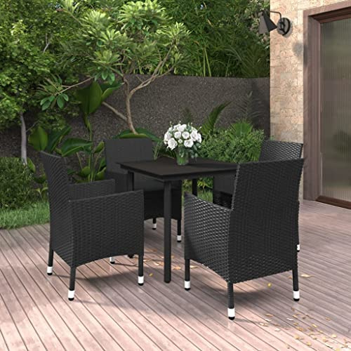Teenpull 5-TLG. Garten-Essgruppe mit Auflagen, Poly Rattan und Glas, Robustes Outdoor Möbelset für Terrasse & Balkon, wetterfestes Dining Set mit Stühlen & Tisch, Schwarz