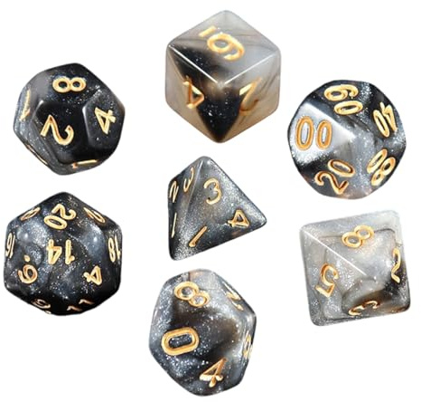 YUVKIN Set di Dadi Poliedrici, 7 Dadi da Gioco, Ideale per Giochi di Ruolo da Tavolo e Simili, TRPG, Inclusi D4, D6, D8, D10x2, D12, D20 (nero e bianco)