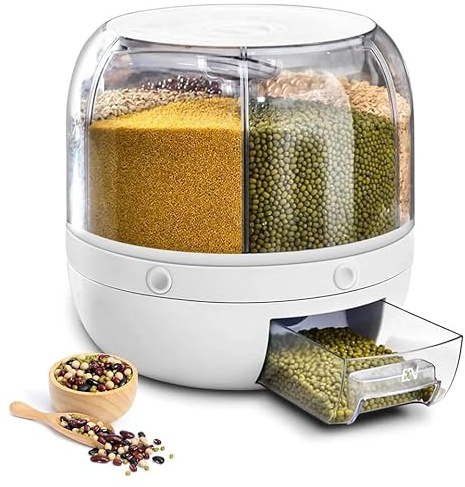 PIONEER GOODS 6in1 10KG Rotating Rice Dispenser – 360° Airtight Dry Food & Grain Storage Box with 6 Grids, Transparent Cereal Container for Kitchen Organiser (White)