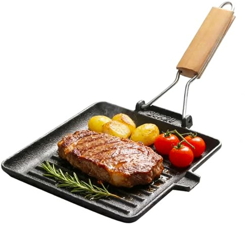 CEWROM Sartén para carne de hierro fundido con mango de madera plegable, cuadrado de 20 x 20 cm, para barbacoa de gas, parrilla de carbón y todo tipo de fuegos, incluye inducción, sartén de hierro
