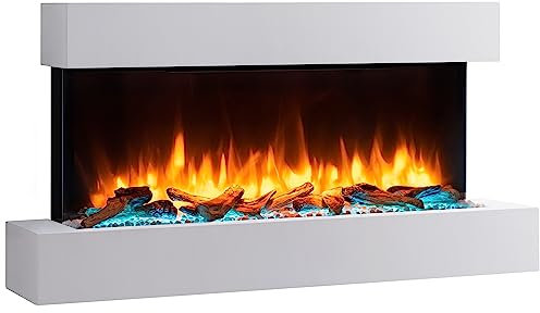 BALDERIA Camino Elettrico da Parete | Caminetto con Effetto Fiamma 3D | Riscaldamento 2000 W | Focolare Sospeso con Telecomando, Timer, Termostato | Bianco