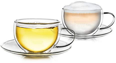 Creano Set di 2 Tazza Termica a Doppia Parete Tè/Latte Macchiato Cappuccino con Sottobicchiere | 250ml