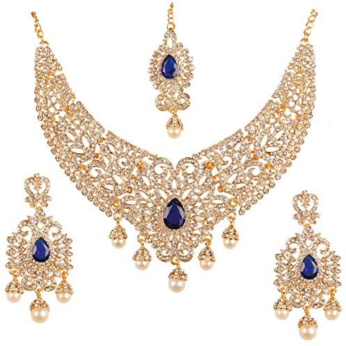 Touchstone Indian jewelry sets for women tikka wedding necklace costume guest statement bollywood blue white rhinestones crystal faux pearls gold big royal neck piece set bridal fashion accessories