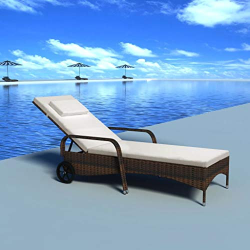 Tidyard Sonnenliege Rattan mit Rollen Gartenliege mit Auflage Relaxliege Liegestuhl Garten Lounge für Garten Terrasse Schwimmbad, Braun