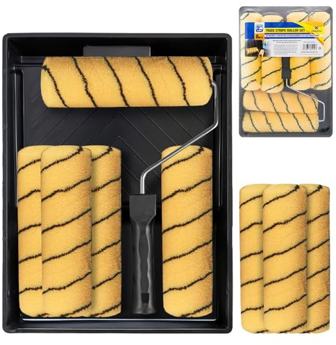 New 8Pc Tiger Stripe Roller Set - Tray, Sleeves Painting Kit | 229Mm Decorating 9 Household DIY Workshop, for Walls, Ceiling, Bedroom | 9 Inch, Strong & Durable