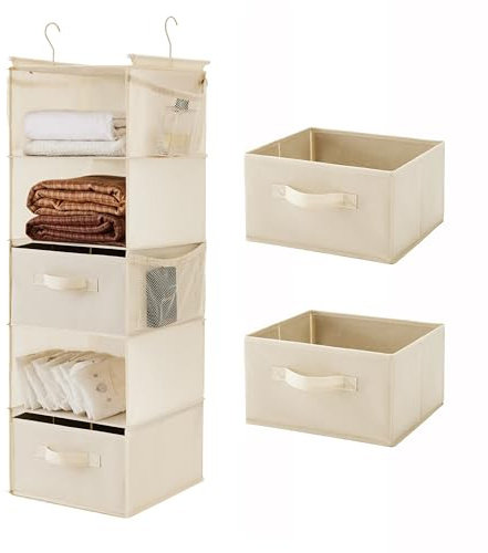 MAX Houser 5 Tier Shelf Hanging Closet Organizer, Cloth Hanging Shelf with 2 Sturdy Hooks for Storage, Foldable (Beige-D2)
