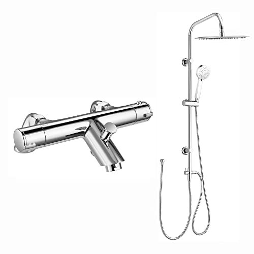 ENKI, Dune, BBT0244, Chrome, Thermostatic Deck Mounted Bath Shower Mixer Valve with Dual Rigid Riser Kit, Solid Brass, Large 300mm Ultra Slim Overhead Shower, Anti-Scald, Modern, 10-Year Guarantee