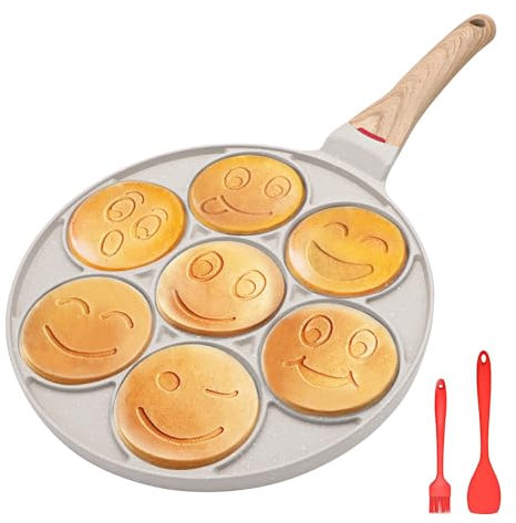 Bobikuke Padella Pancake Smile, Pancake Piastra Antiaderente 7 Fori Padella Frittata Piatto Colazione per Bambini 26 cm - Bianco