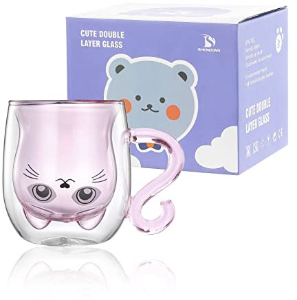 SHENDONG Süße Katze Süße Tassen Katze Tee Kaffeetasse mit Griff 250ML Milchtasse für persönlichen Geburtstag, Valentinstag und Büro (Rosa Katze)