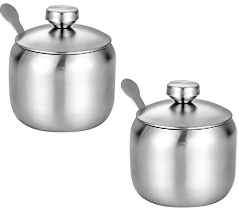 LATRAT Zuccheriera in acciaio inox, 2 pezzi, in acciaio inox, piccola zuccheriera con coperchio e cucchiaio, per casa e cucina, tlg-2
