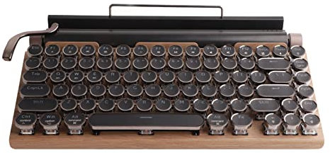 Retro Typewriter Keyboard, Blue Mechanical Switch 83 Keys Quadaxial Round Keycaps, 3 Modes 7 Colors RGB Waterproof Leather Wrapped Edge Mechanical Keyboards for Gaming Office Fun(Wood Grain)