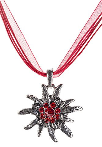 Trachtenkette Edelweiss Trachtenschmuck - Trachten Kette mit feinem Strass in div. Farben - Halskette für Dirndl und Lederhosen (Rot -)