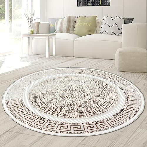 Teppich-Traum Wohnzimmer Schlafzimmer Teppich Kurzflorteppich Designerteppich modern edel Orient glänzend Ornamente Creme beige 160 cm rund