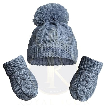 Royal Icon Baby Knitted Pom Pom Hat With Mittens Baby Boys Girls Winter Hat Mittens Set Cable Knit Single Pom Pom Bubble Hat Colours Available NB-12 Months RI6512 (Dusty Blue - Ri800)