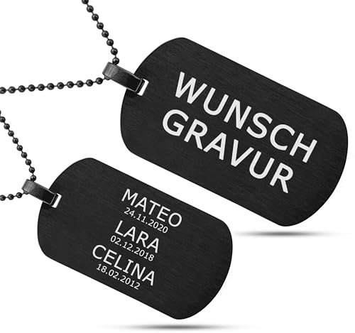 Mister Boncuk® MiliChain Premium Dog Tag kette aus Edelstahl - Herren Halskette mit Gravur - Militär kette Personalisiert - Kette mit Namen (Waagerecht - Schwarz Matt Gebürstet)