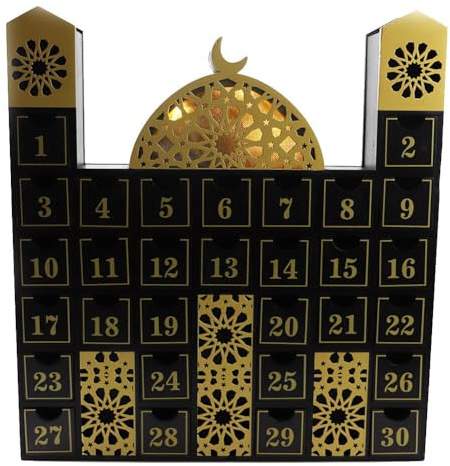 Ramadan Adventskalender, Asudaro 2024 DIY Hölzerne Eid Mubarak Countdown Kalender Dekoration mit Ramadan Lichter Ramadan Kalender-30 kleine Schubladen für die Lagerung Typ 5