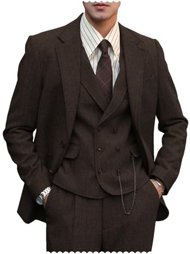 Herren formelle Tweed-Wolle, 3-teilig, Hochzeit, schmale Passform, Anzug, Abschlussball, Smoking, Trauzeugen, Kaffee, 3XL