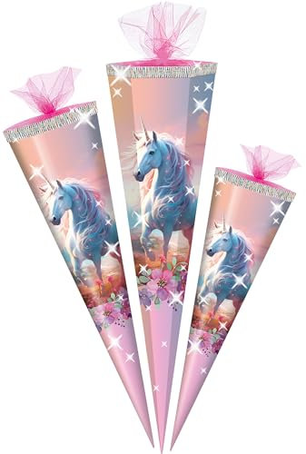 alles-meine.de GmbH Schultüte - Einhorn & Blumen - 50-85 cm - Größe wählbar - Zuckertüte - Tüll Abschluß - eckig/rund - klein & groß - Geschenktüte - Schulanfang - Unicorn Ei..