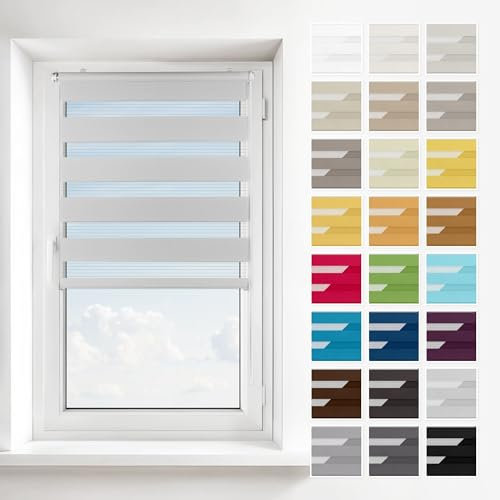 Estika Doppelrollo ohne Bohren, Schnelle 2 in 1 Montage - Klemmfix, Wand- oder Deckenmontage - Hellgrau - 55 x 150 cm - Rollos für Fenster ohne Bohren, Fenster rollos für innen