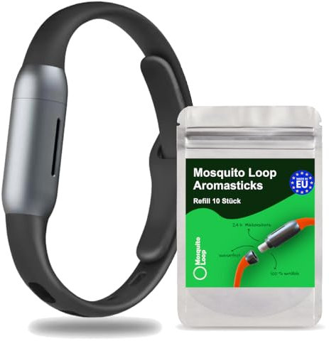 Mosquito Loop Mückenarmband, Effektiver Natürlicher Mückenschutz, Silikonarmband, Bio, Kinder & Erwachsene, Schwarz 1 Stk. + 1 Aromastick Refiller 10er