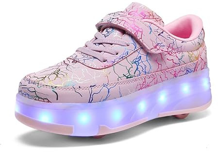 HUSKSWARE Rullskridskor, pojkar, flickor med 4 hjul, skateboardskor, justerbara ungdomsskor med hjul, svart, vit, 28–40 EU, 668 rosa 4 hjul, 34 EU