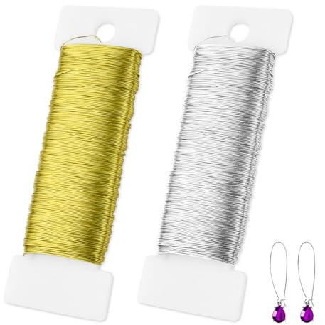 AUAUY 2 Rolls Silver Gold Wire for Jewellery Making - 0.35 mm 50 m Craft Wire for DIY Beading, Wedding Bouquets, Flower Wreath Making