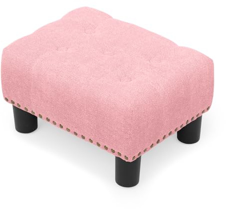 Athena Collection Small Ottoman Foot Rest with Legs, Linen Fabric Ottoman Foot Stool with Soft Padded seat, Square Footstool FootRest for Living Room, Bedroom, Office, Pink