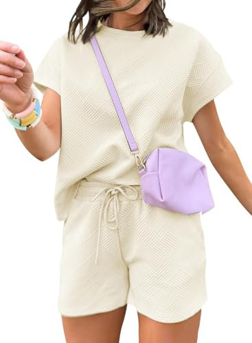 Veriliss 2 stycken sportdräkter, loungewear set för kvinnor, kortärmad t-shirt och shorts med dragsko, Aprikos, XL