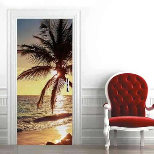 Türtapete Selbstklebend 77x200 Meer Türfolie Palmen Türaufkleber Fototapete 3D Effekt Türklebefolie Türposter für Innentür Schlafzimmer Bad Dekoration M0947