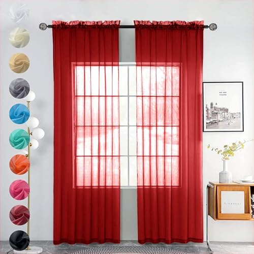 Youleyar Sheer - Set di 2 tende trasparenti in voile, poliestere, con asta, trasparenti, per soggiorno, camera da letto, larghezza 140 x altezza 225 cm, colore rosso natalizio
