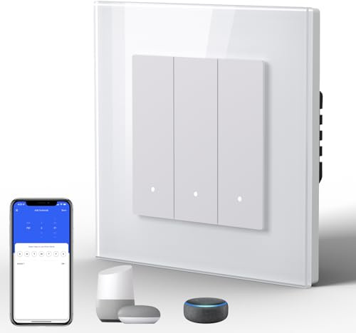 BSEED Smart WiFi Interrupteur Mural, Interrupteur connecté Bouton-poussoir (Cliquez), Panneau en Verre Esthétique,Compatible avec Google Home et Alexa Neutral Line Required, 3 Gang 1 Way, blanc