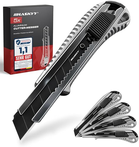 HASKYY Cuttermesser Teppichmesser Cutter 18mm 5 Stück SK5 extra scharf 8-Segment-Klingen, Integrierter Klingenbrecher, Sicheres Schnellwechselsystem, Ergonomischer Alu-Körper mit rutschfestem Griff