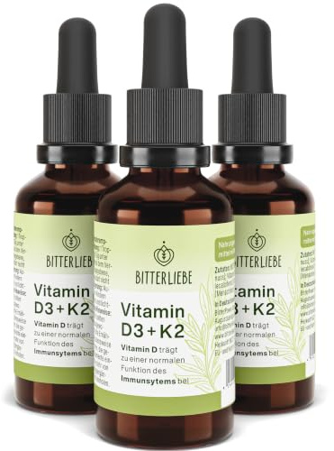 BitterLiebe Vitamin D3 K2 Tropfen hochdosiert und vegan - K2 Vitamin und hoch bioverfügbare Vitamin D3 - für starke Knoche und Immunsystem, fördert Herz-Kreislauf-System und Muskelgesundheit
