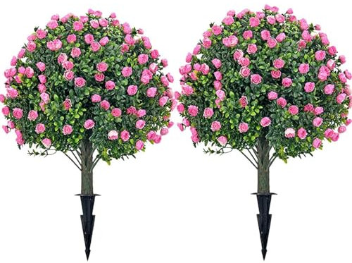 JSJHJZJ Set of 2 Artificial Boxwood Topiary Tree with Rose, 24.5in UV Resistant Faux Greenery Shrubs with Ground Spike, Artificial Plants for Lawn Yard Garden Home Wedding Decor