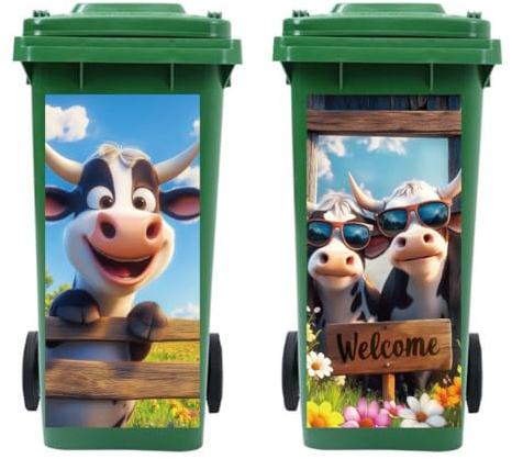 Peacoblue 2 Sheets Wheelie Bin Stickers Funny Cow for Dustbin Decorative | 82x38cm,rubbish Cover,Large Wraps,Waterproof,Funny Decals for Fridges Door,Wall,Garden Indoor Outdoor Patio Decor