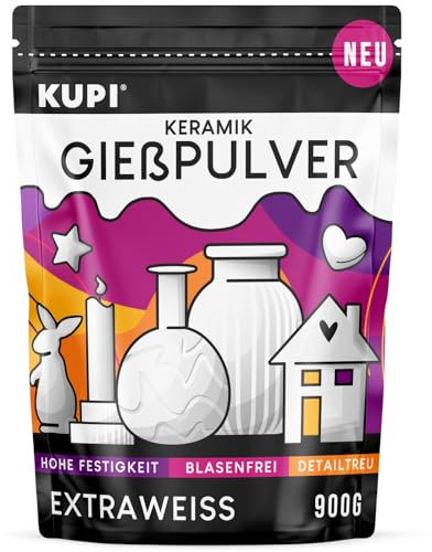 KUPI 0,9kg Gips zum Gießen Lufthärtend & Geruchlos | Keramik Gießpulver Weiß | Gießmasse für Silikonformen | Reliefgießpulver zum Basteln Modellieren Strukturieren