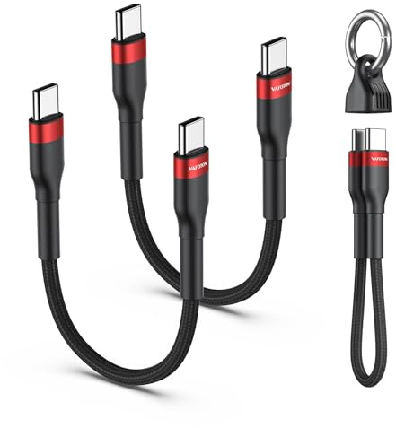 Cable USB C a USB C corto 60 W (2 unidades), cable de carga USB C corto de 19 cm con llavero, 3 A/20 V 60 W, PD 3.0 y QC 4.0+, cable de carga rápida USB tipo C, para 1Phone 17/16/15, Samsung S25/S24