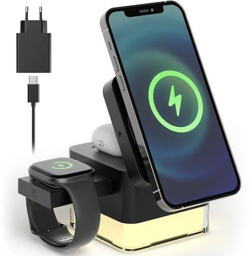 VOSFEEL Stazione di Ricarica Wireless 4 in 1, 2 Modalità di IIluminazione，Caricabatterie a Induzione Pieghevole Portatile