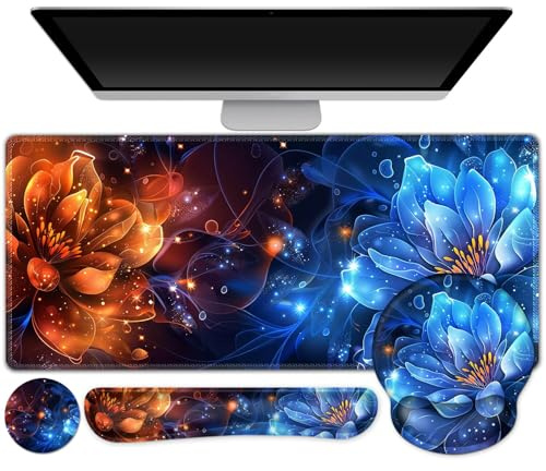AIMSA Schreibtischunterlagen-Set, großes Gaming-Mauspad mit Handgelenkauflage, ergonomisches Mauspad und Tastaturmatte, Handgelenkstütze für Zuhause, Büro, Schreibtischzubehör, Dekoration, Feuer und