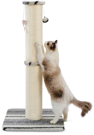Joydeco Cat Scratching Post 34 Inches Heavy Duty and Thick Scratching Post Sisal Rope with Hanging Ball and Mice for Indoor Cats(Grey)
